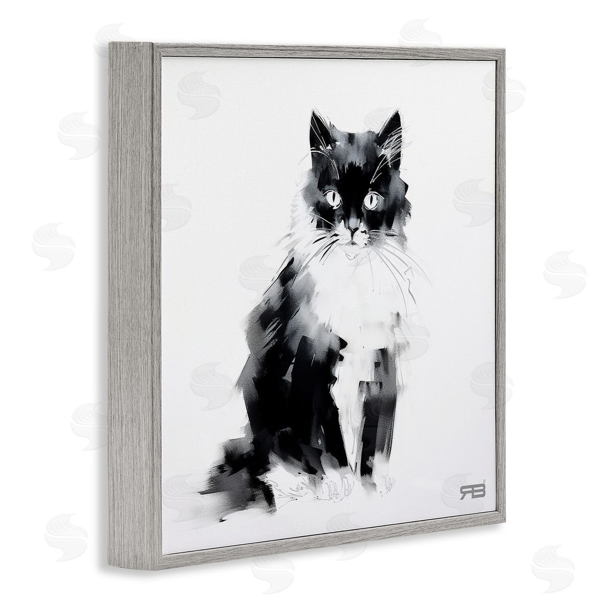 Abstract Black and White Cat Grey Frame Print Wall Art, Home Decor by Roozbeh Bahramali