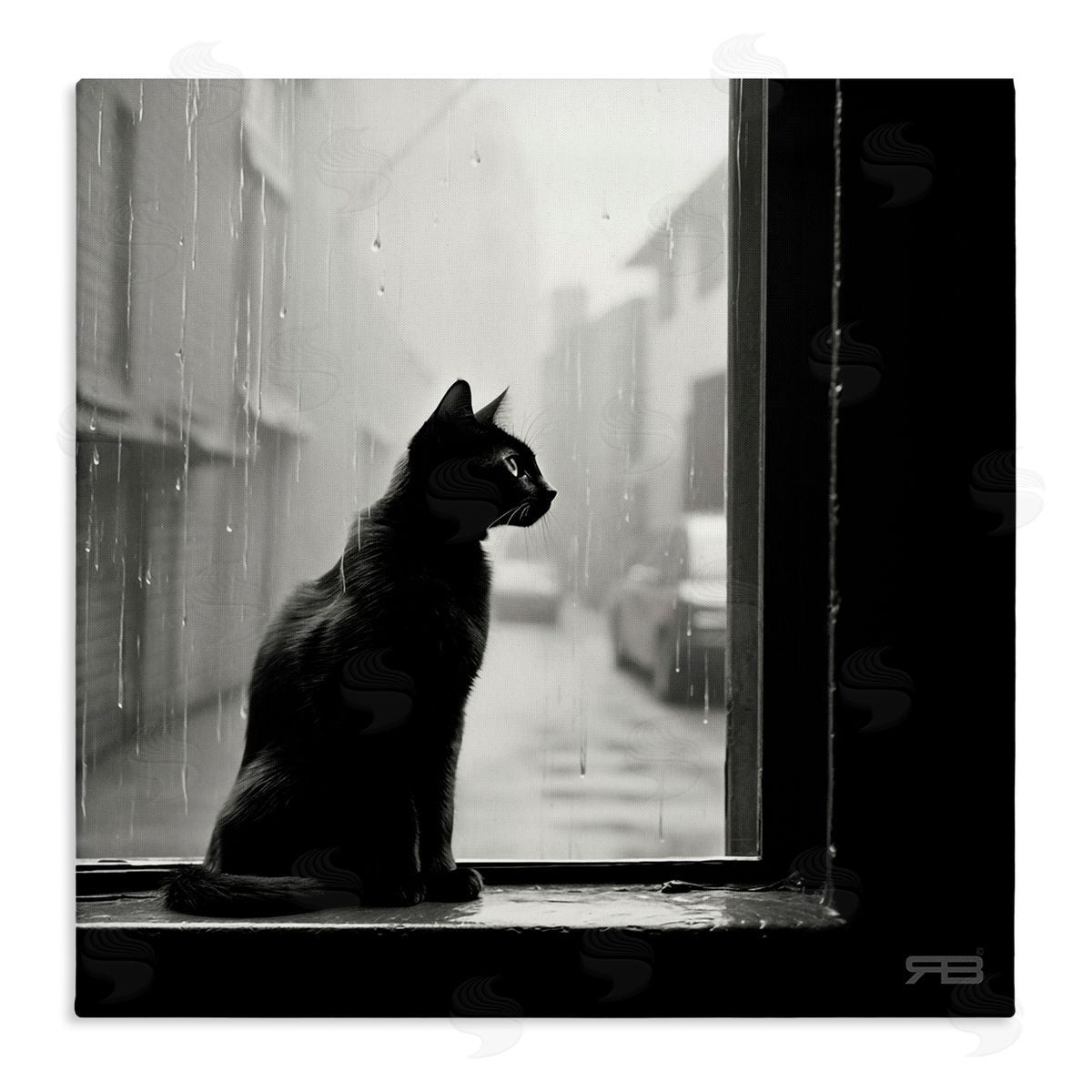 Cat Gazing Rainy Window Canvas Wall Art, Home Decor by Roozbeh Bahramali