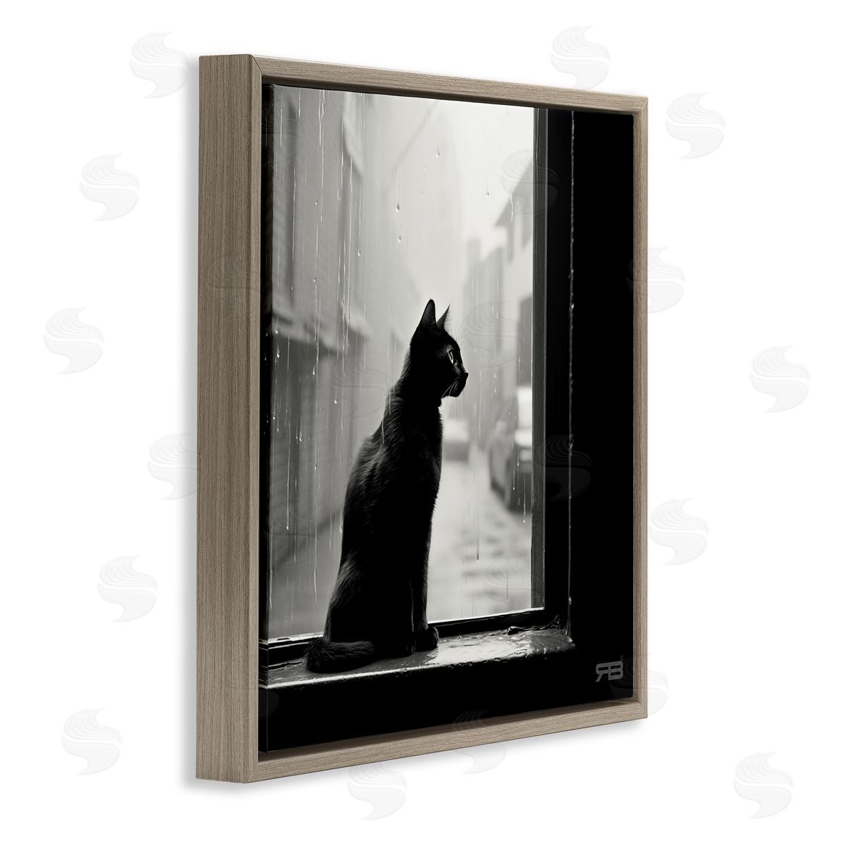 Cat Gazing Rainy Window Brown Floating Frame Canvas Wall Art, Home Decor by Roozbeh Bahramali