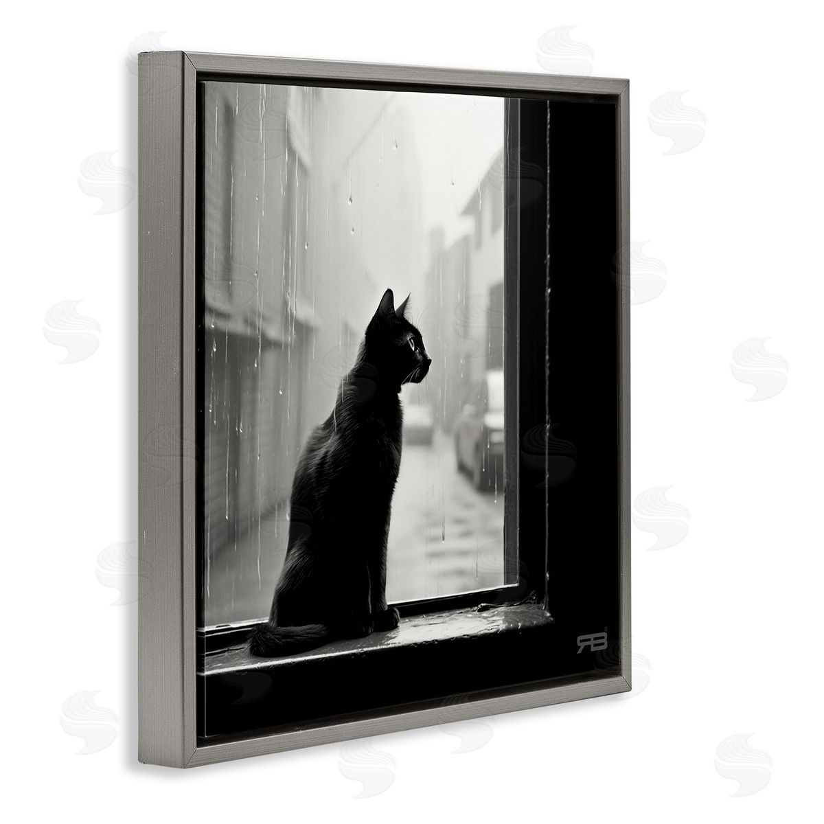 Cat Gazing Rainy Window Grey Floating Frame Canvas Wall Art, Home Decor by Roozbeh Bahramali