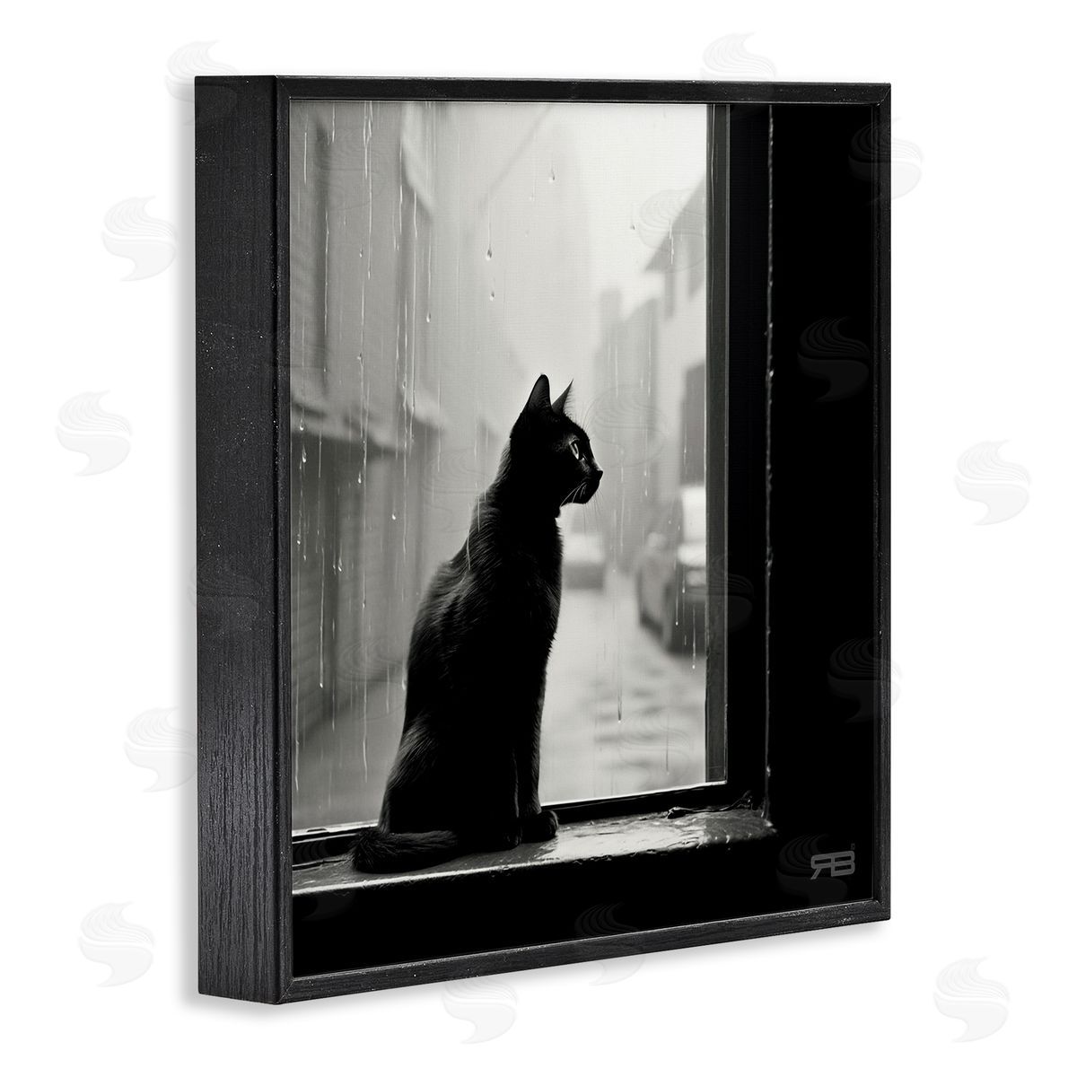 Cat Gazing Rainy Window Black Frame Print Wall Art, Home Decor by Roozbeh Bahramali