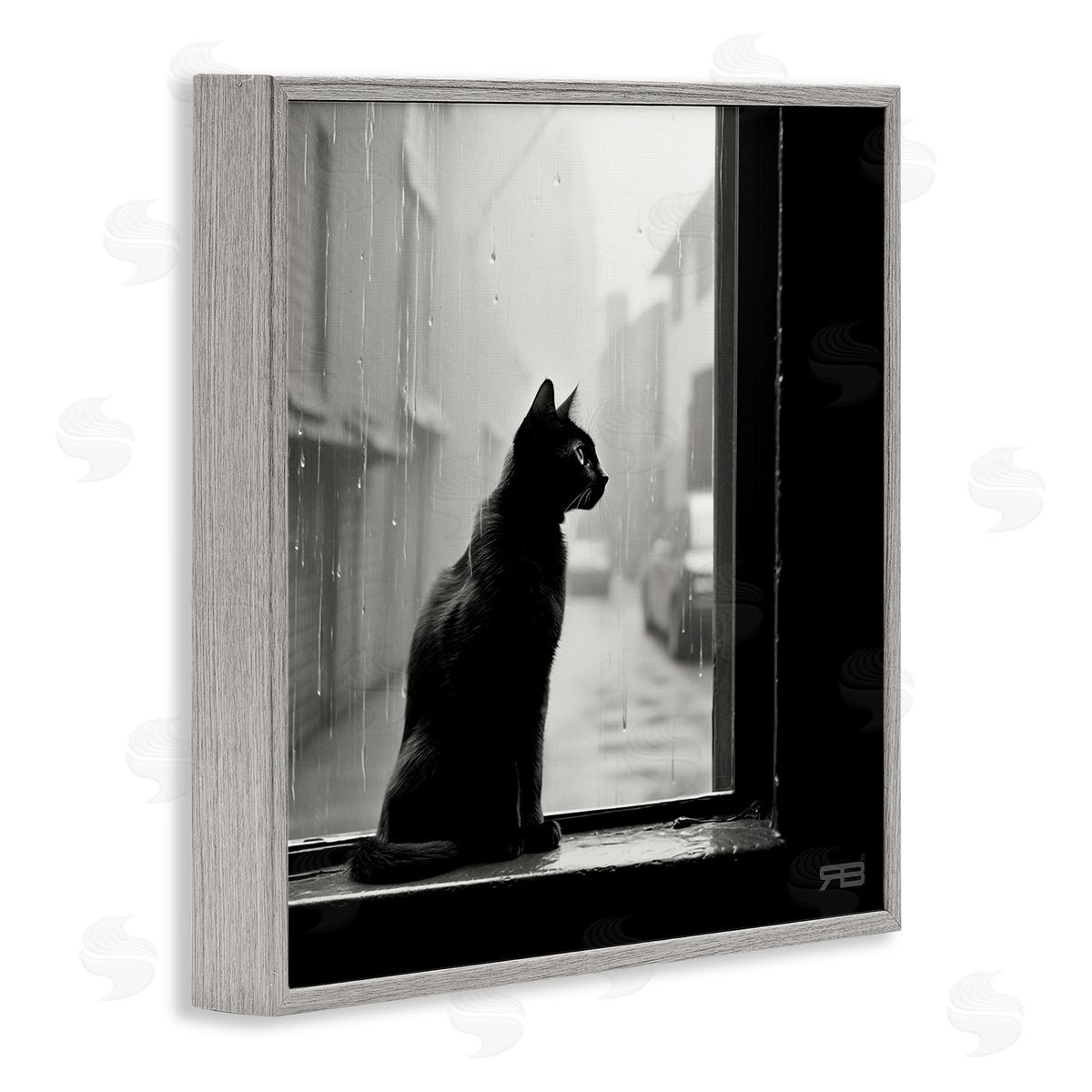 Cat Gazing Rainy Window Grey Frame Print Wall Art, Home Decor by Roozbeh Bahramali