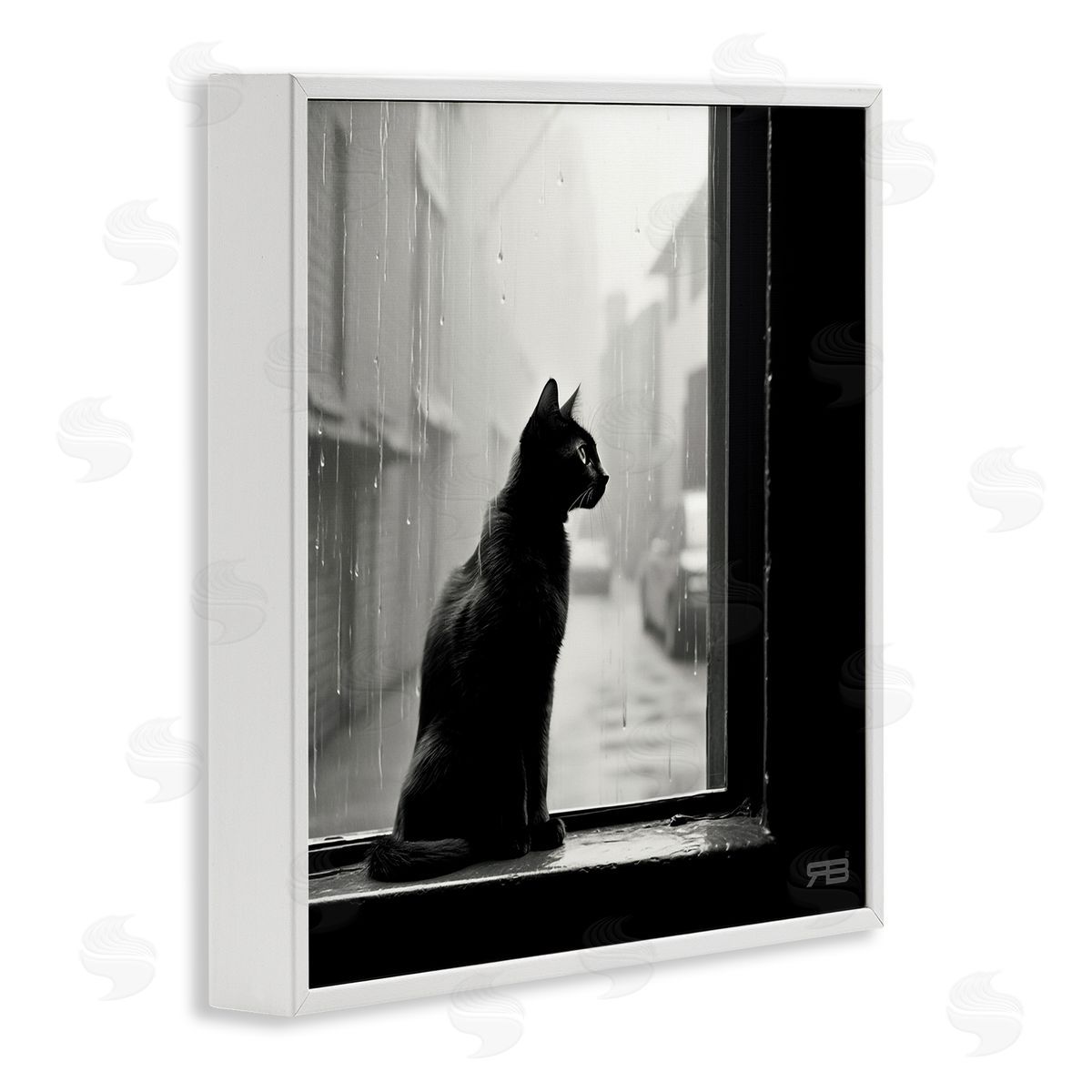 Cat Gazing Rainy Window White Frame Print Wall Art, Home Decor by Roozbeh Bahramali