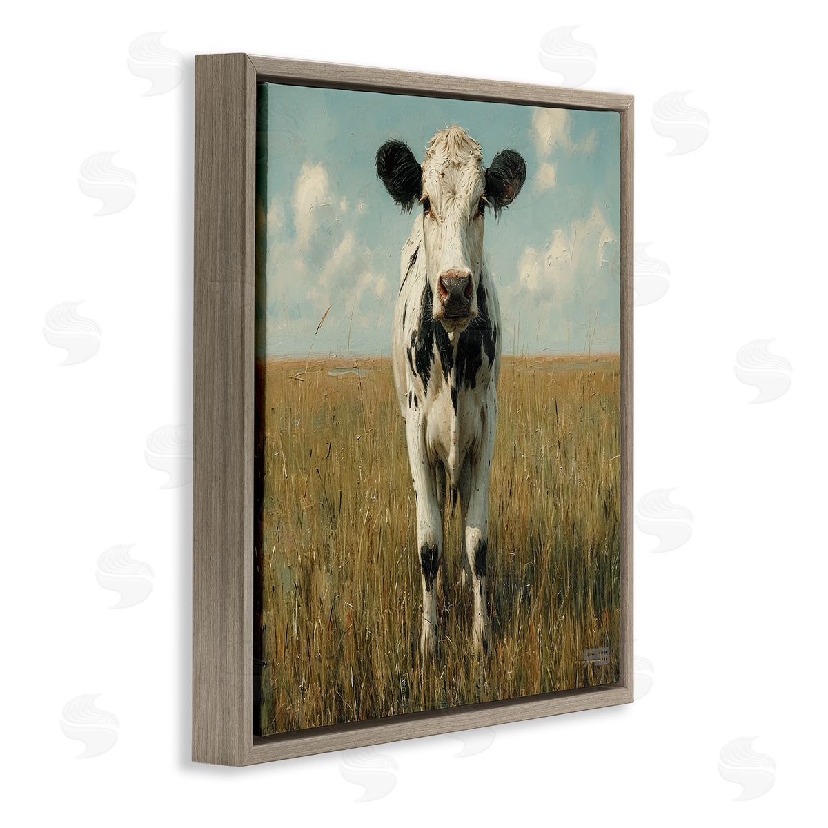 Cow in Verdant Field Brown Floating Frame Canvas Wall Art, Home Decor by Roozbeh Bahramali