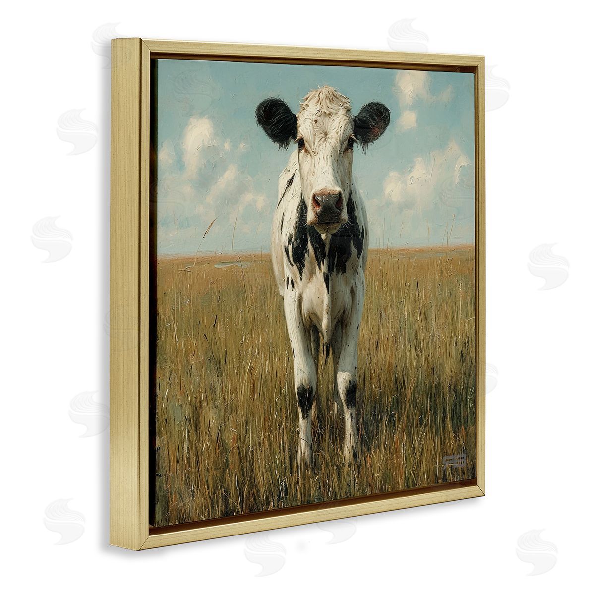 Cow in Verdant Field Gold Floating Frame Canvas Wall Art, Home Decor by Roozbeh Bahramali