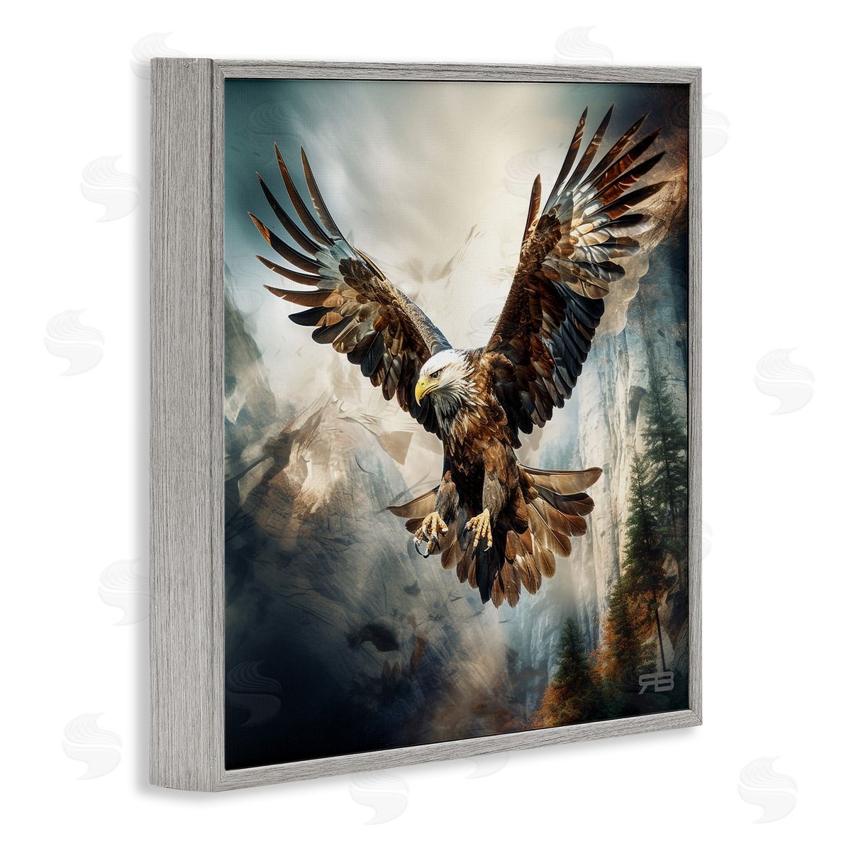 Intense Eagle Spreading Wings Grey Frame Print Wall Art, Home Decor by Roozbeh Bahramali