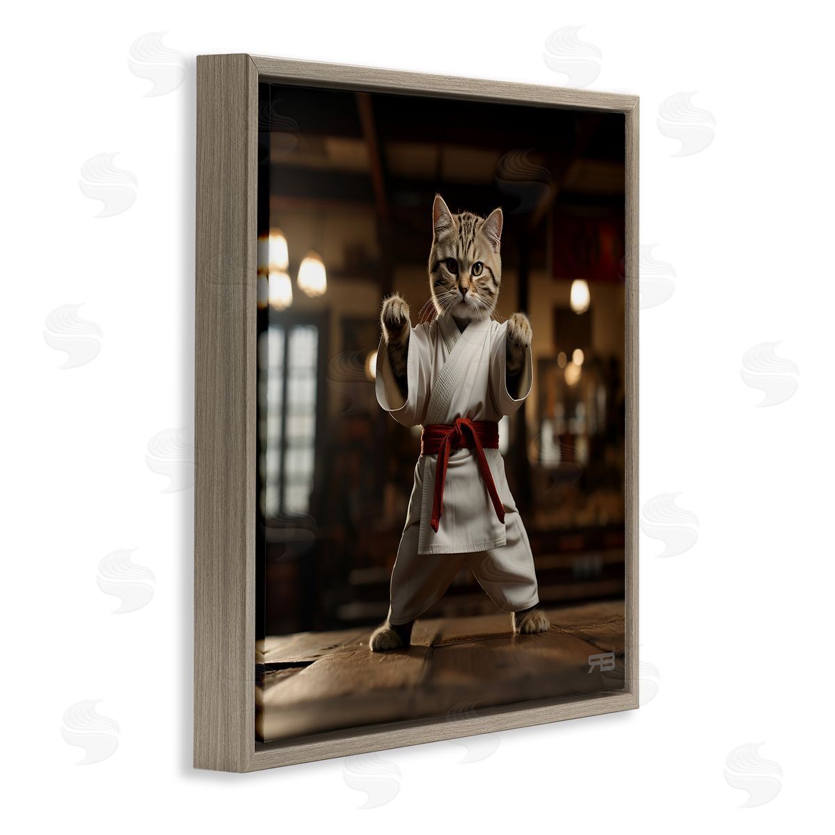 Martial Arts Cat Brown Floating Frame Canvas Wall Art, Home Decor by Roozbeh Bahramali