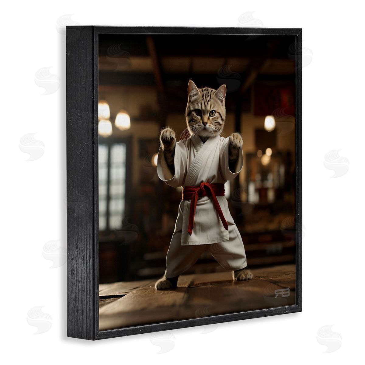 Martial Arts Cat Black Frame Print Wall Art, Home Decor by Roozbeh Bahramali