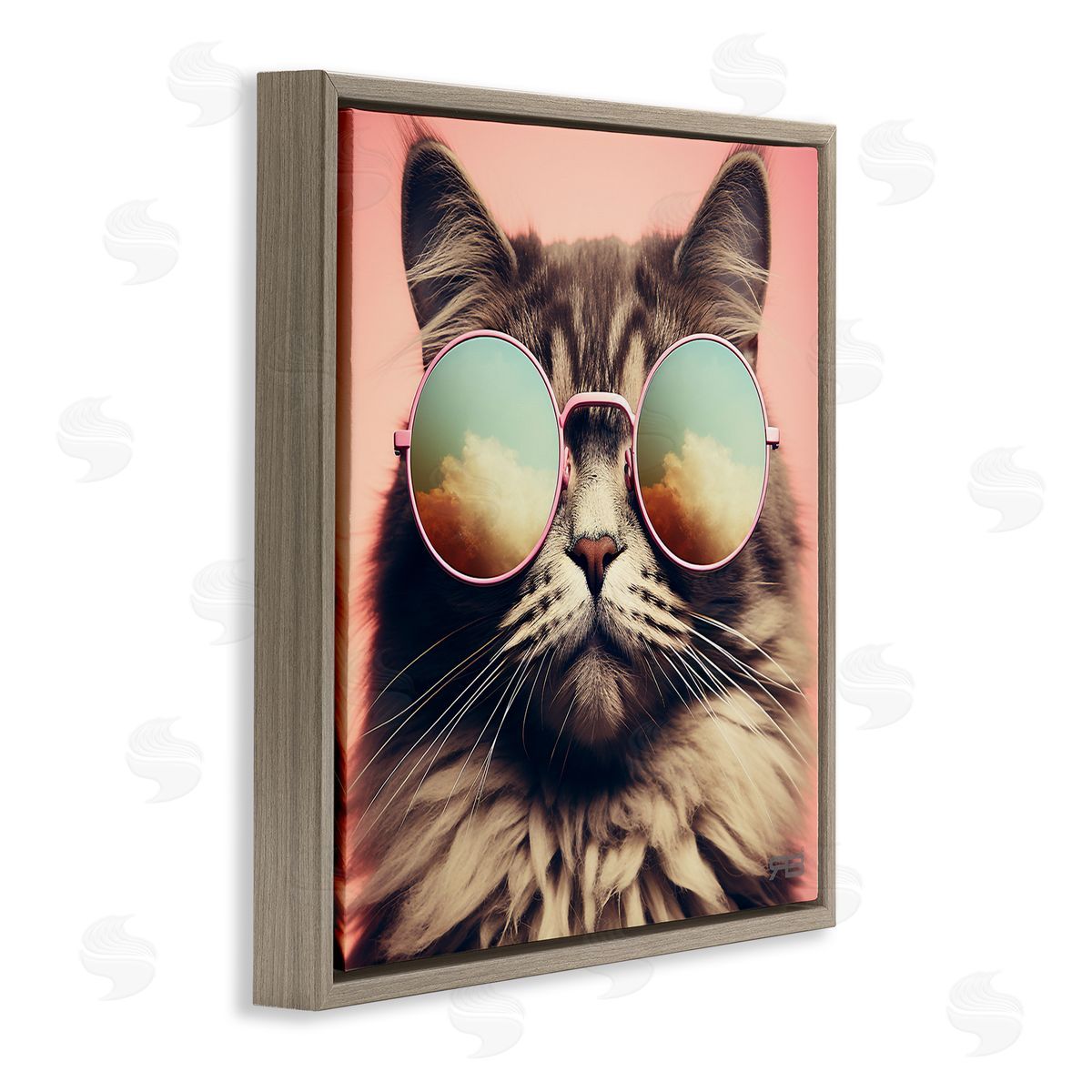 Cat and Cloud Reflection Glasses Brown Floating Frame Canvas Wall Art, Home Decor by Roozbeh Bahramali