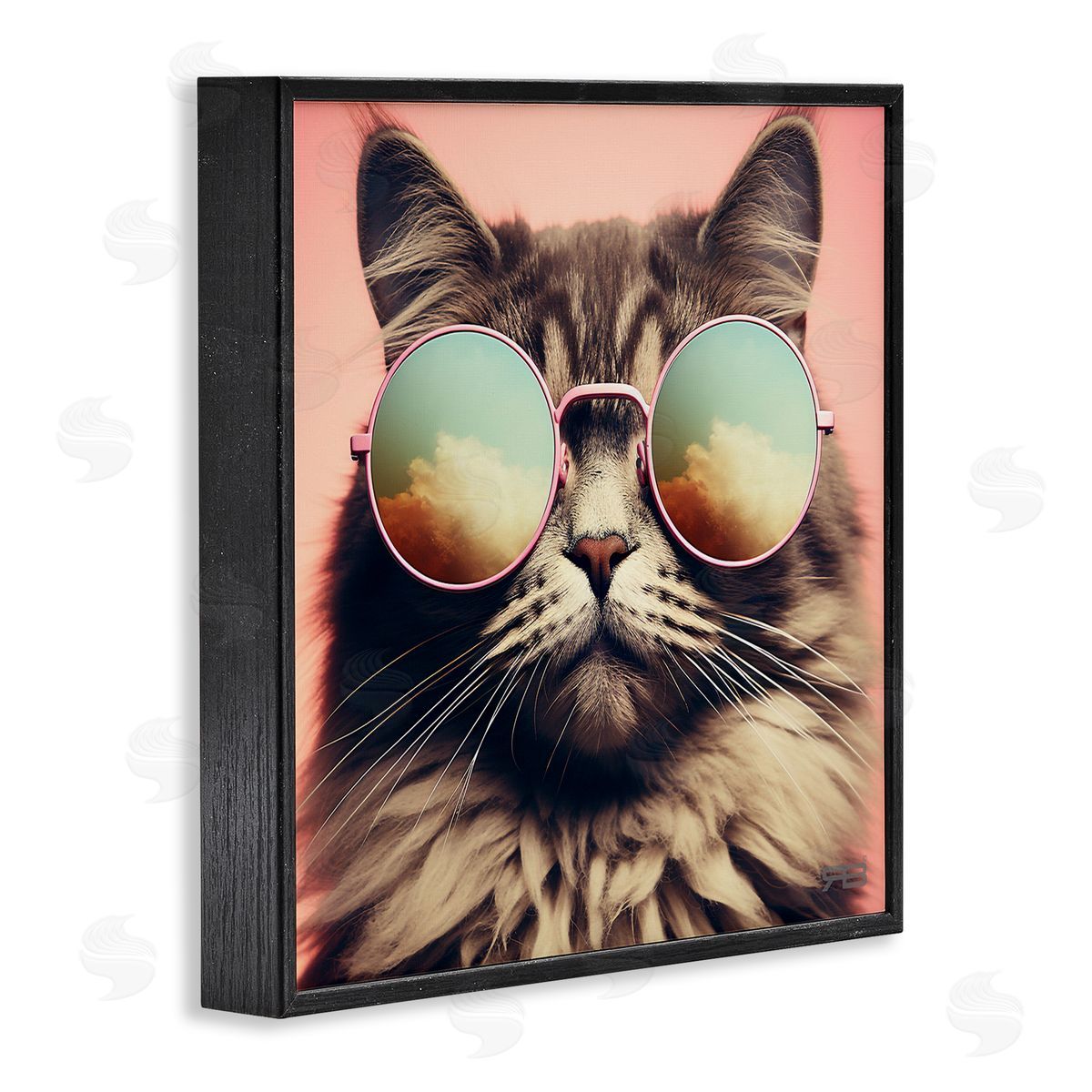 Cat and Cloud Reflection Glasses Black Frame Print Wall Art, Home Decor by Roozbeh Bahramali