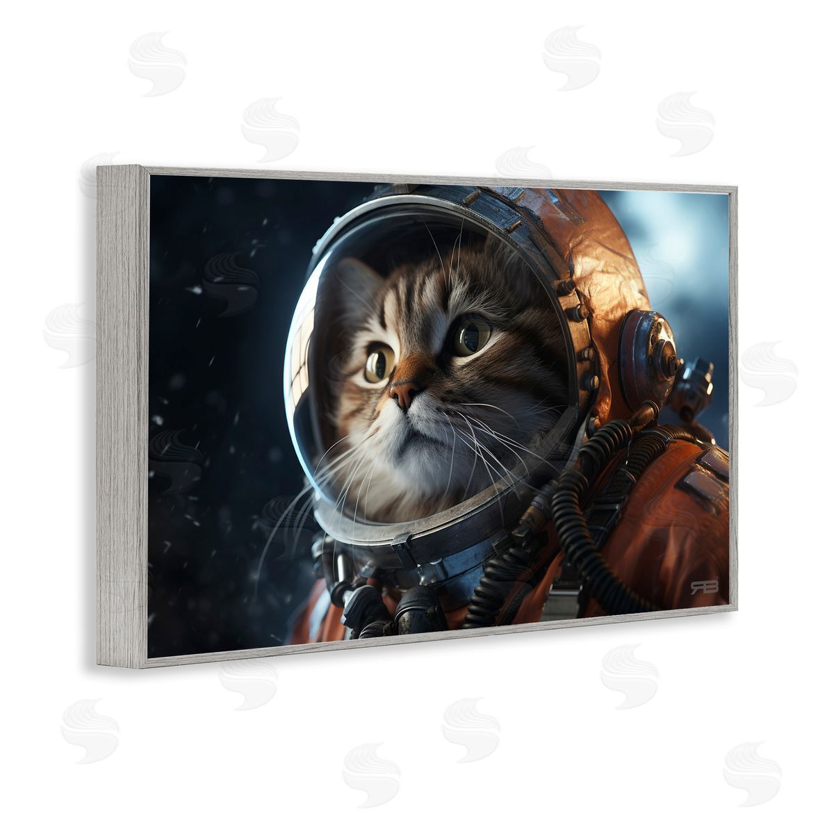 Astronaut Cat in Space Grey Frame Print Wall Art, Home Decor by Roozbeh Bahramali