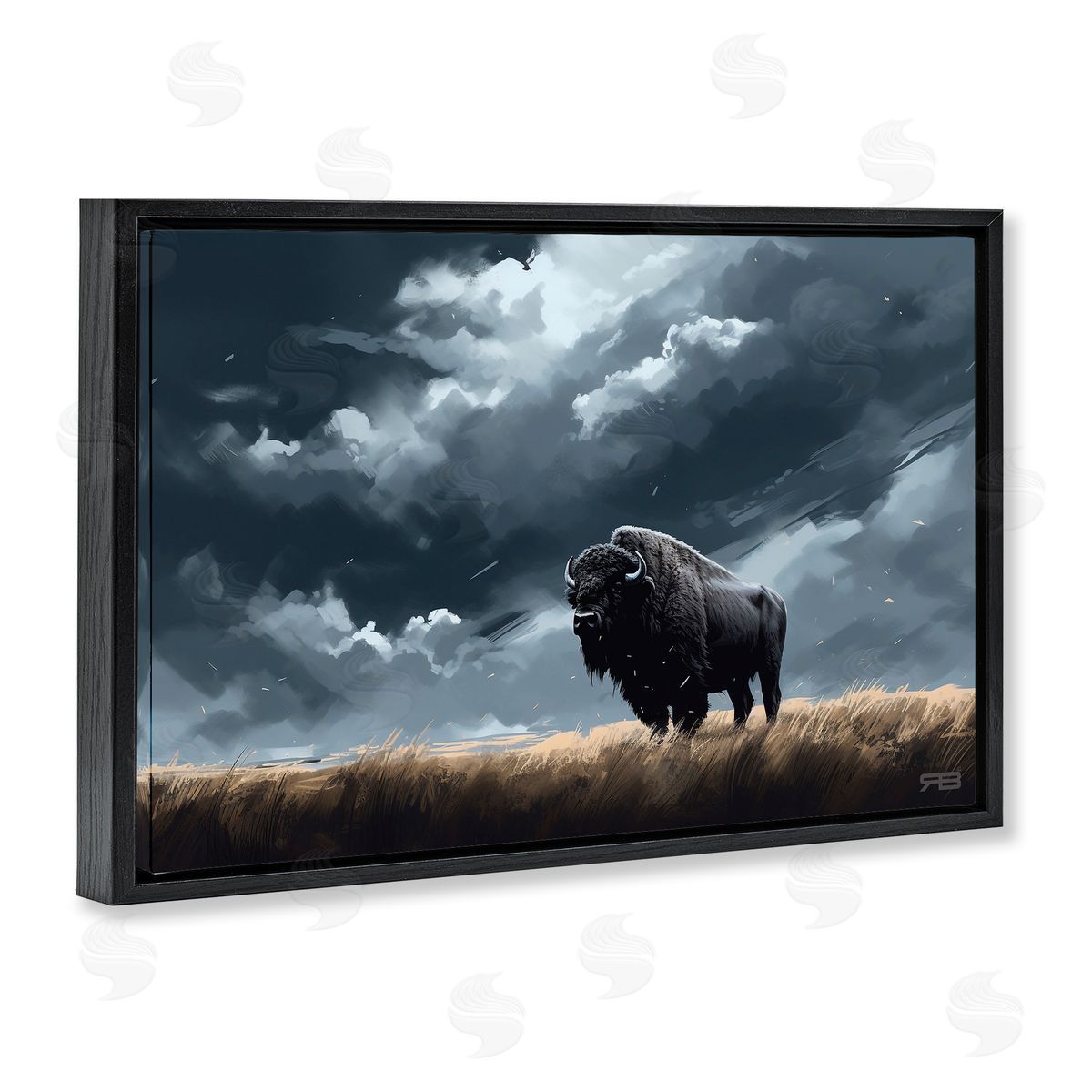 Bison Silhouette with Clouds Black Floating Frame Canvas Wall Art, Home Decor by Roozbeh Bahramali