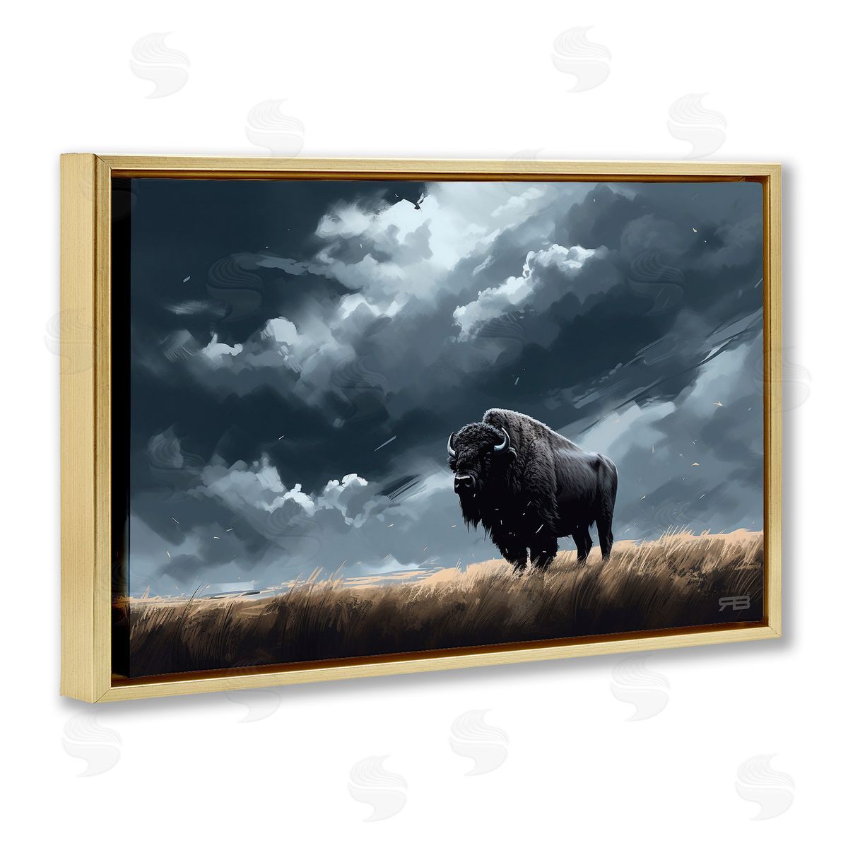 Bison Silhouette with Clouds Gold Floating Frame Canvas Wall Art, Home Decor by Roozbeh Bahramali