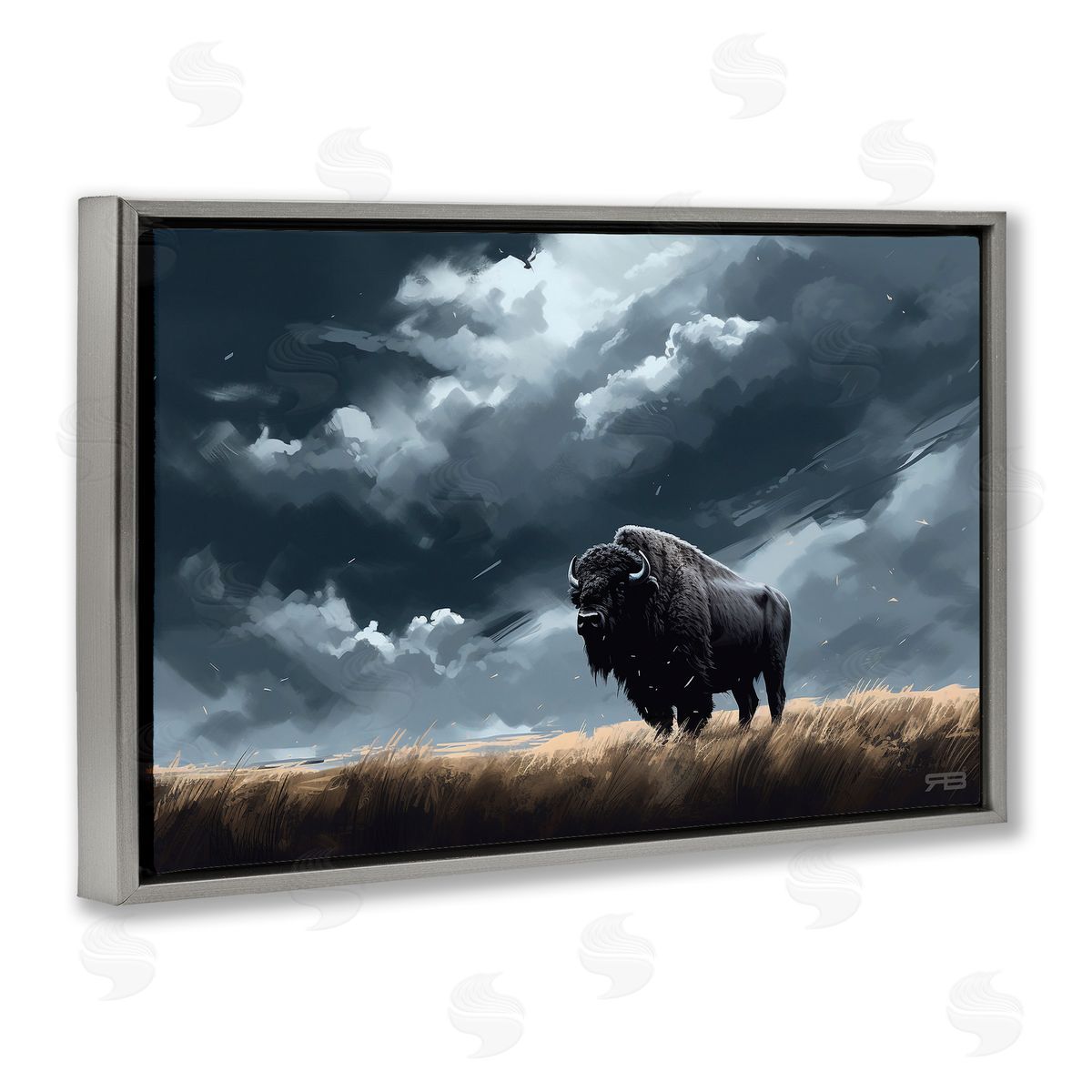 Bison Silhouette with Clouds Grey Floating Frame Canvas Wall Art, Home Decor by Roozbeh Bahramali