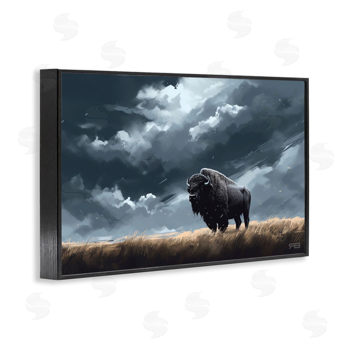 Bison Silhouette with Clouds Black Frame Print Wall Art, Home Decor by Roozbeh Bahramali