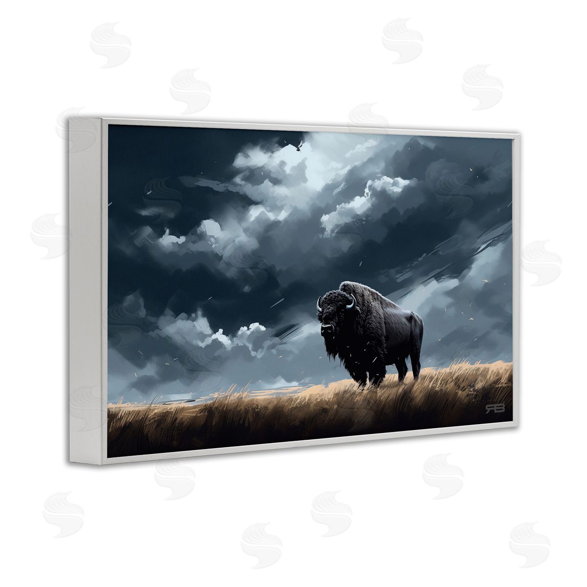 Bison Silhouette with Clouds White Frame Print Wall Art, Home Decor by Roozbeh Bahramali