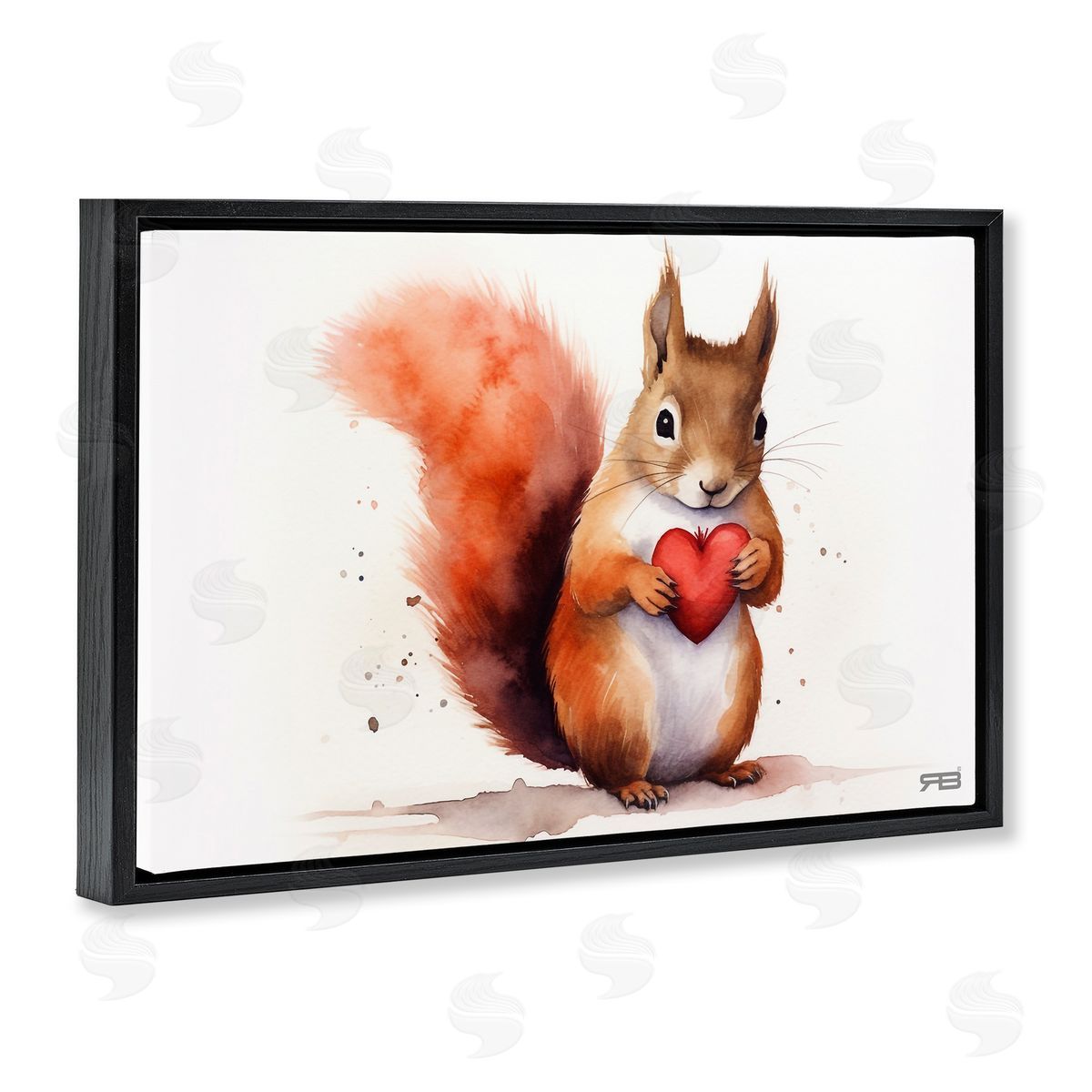 Squirrel Holding Heart Black Floating Frame Canvas Wall Art, Home Decor by Roozbeh Bahramali