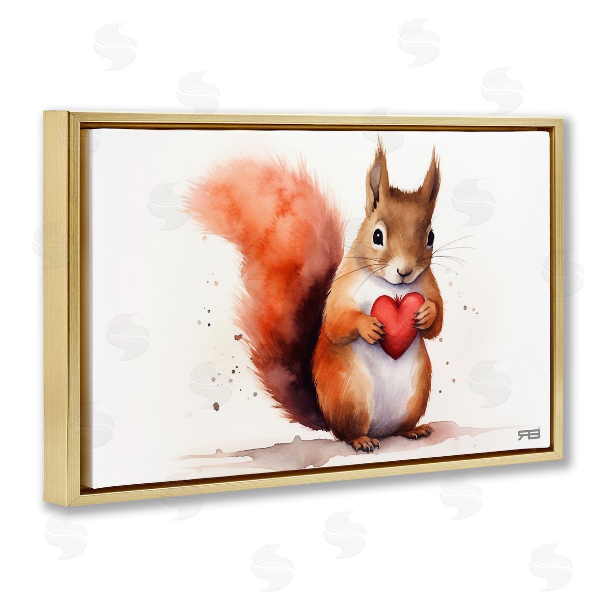 Squirrel Holding Heart Gold Floating Frame Canvas Wall Art, Home Decor by Roozbeh Bahramali
