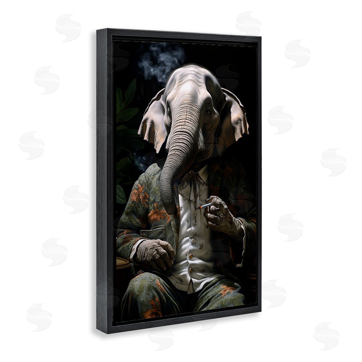 Elephant Smoking Cigarette Black Floating Frame Canvas Wall Art, Home Decor by r3darch0n