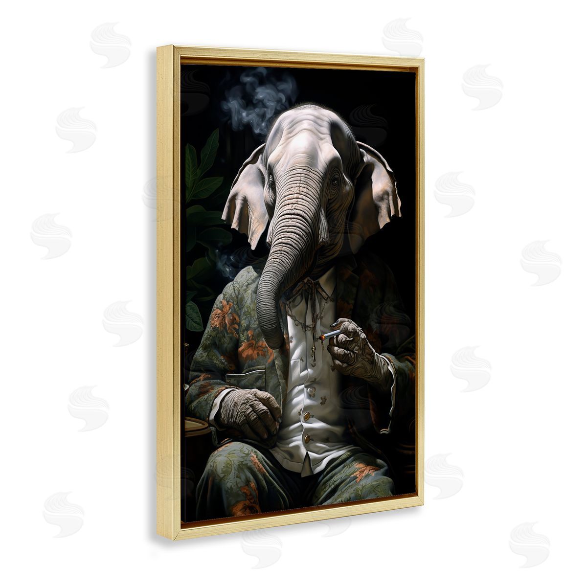 Elephant Smoking Cigarette Gold Floating Frame Canvas Wall Art, Home Decor by r3darch0n