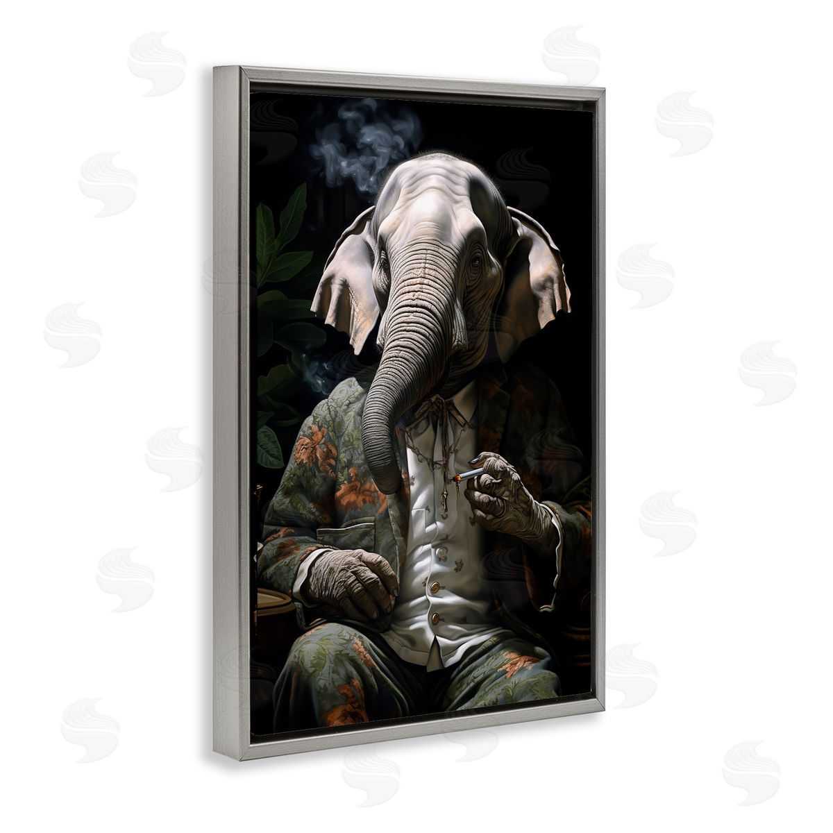 Elephant Smoking Cigarette Grey Floating Frame Canvas Wall Art, Home Decor by r3darch0n