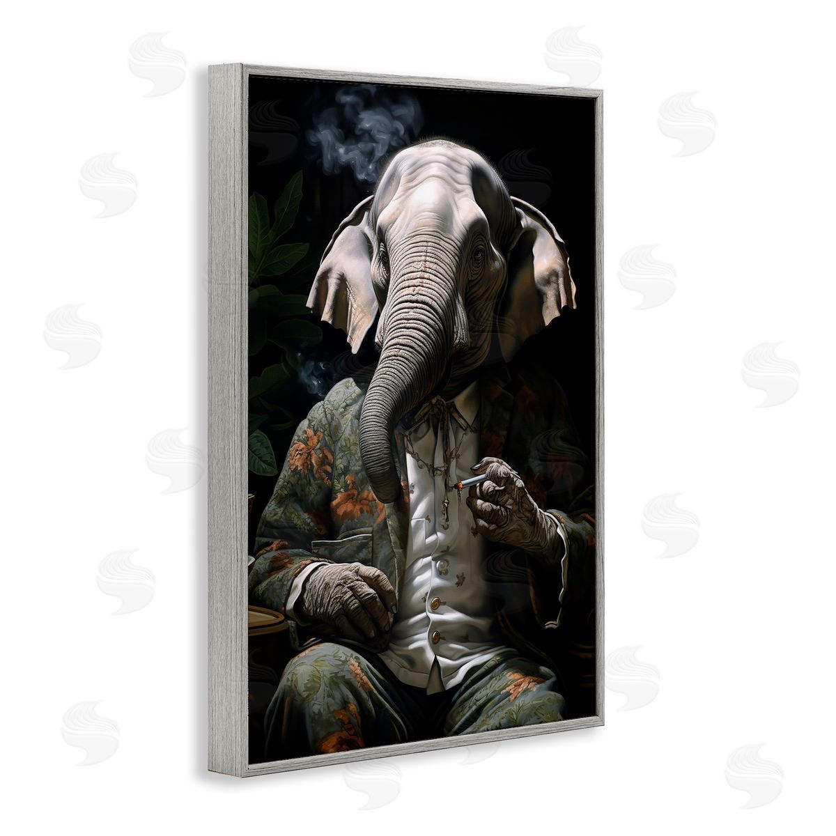Elephant Smoking Cigarette Grey Frame Print Wall Art, Home Decor by r3darch0n