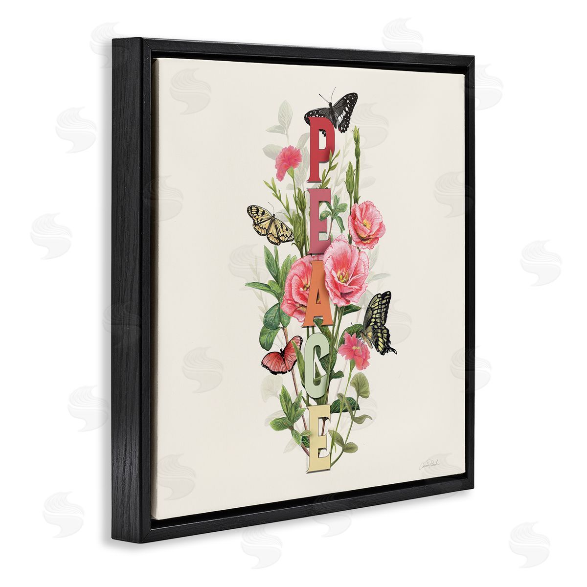 Peace with Butterflies Black Floating Frame Canvas Wall Art, Home Decor by Connie Resch
