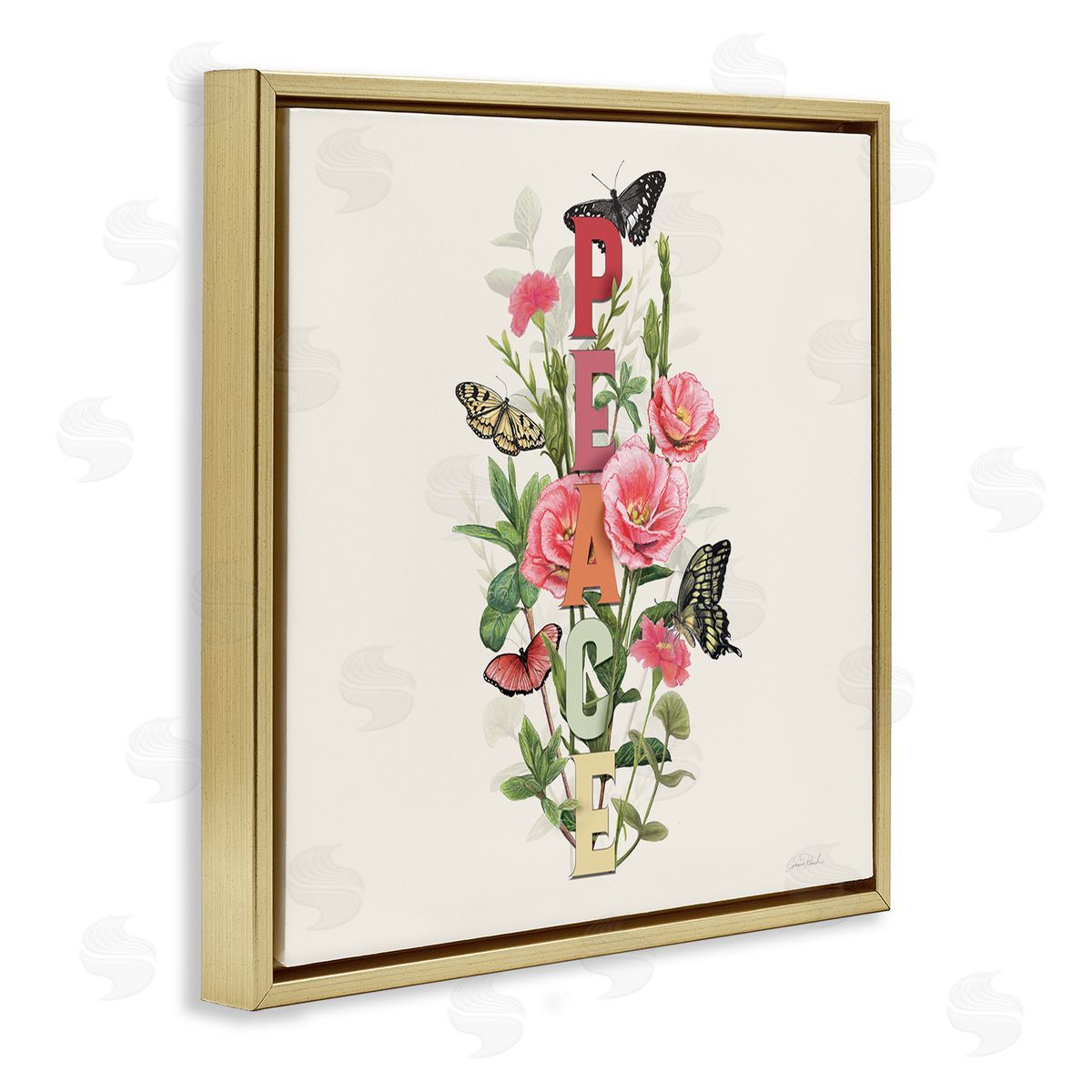 Peace with Butterflies Gold Floating Frame Canvas Wall Art, Home Decor by Connie Resch