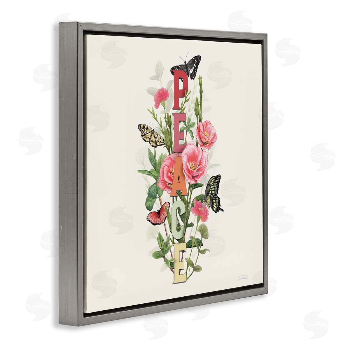Peace with Butterflies Grey Floating Frame Canvas Wall Art, Home Decor by Connie Resch