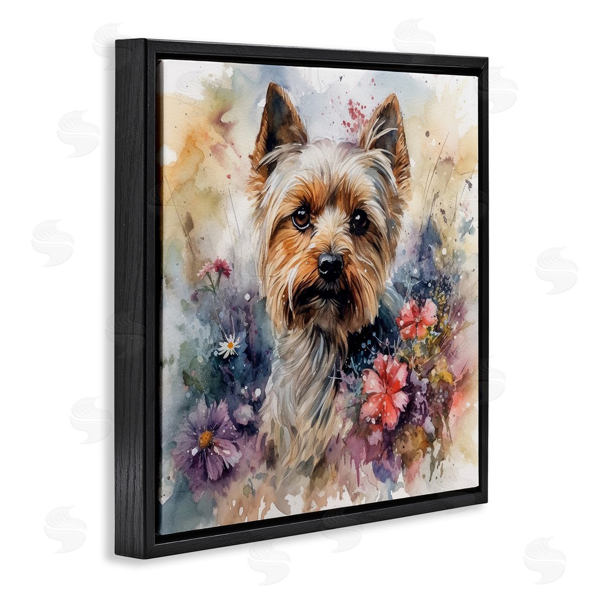 Floral Adorned Yorkie Black Floating Frame Canvas Wall Art, Home Decor by Ryley Gray