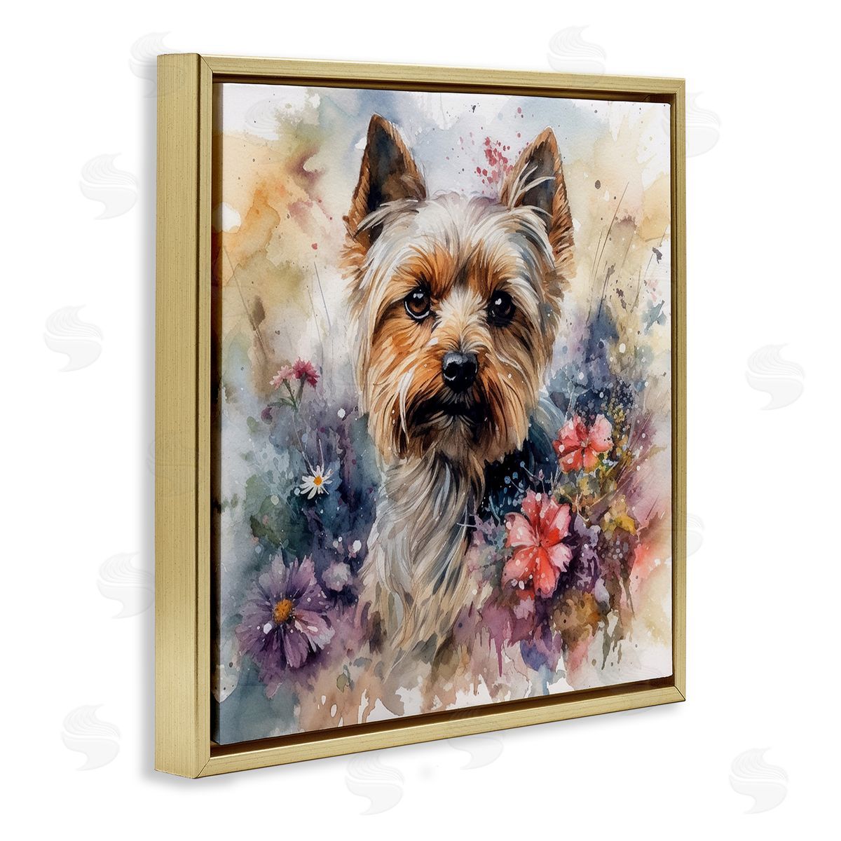 Floral Adorned Yorkie Gold Floating Frame Canvas Wall Art, Home Decor by Ryley Gray