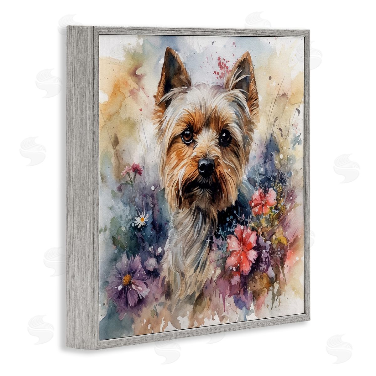 Floral Adorned Yorkie Grey Frame Print Wall Art, Home Decor by Ryley Gray