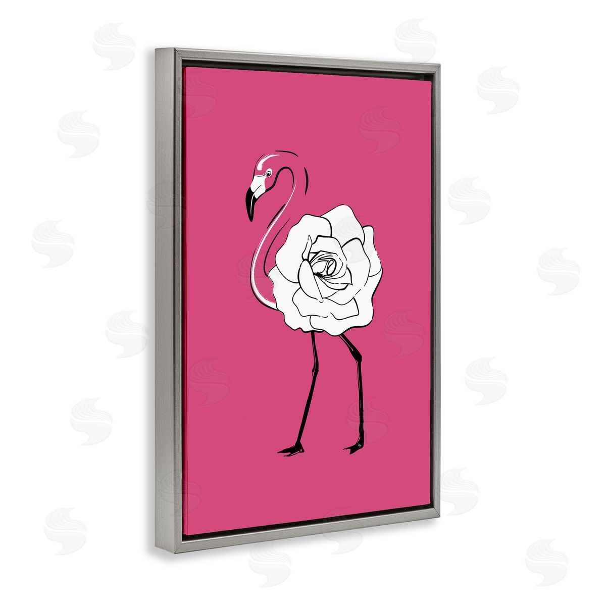 Rose Blossom Flamingo Grey Floating Frame Canvas Wall Art, Home Decor by Martina Pavlova