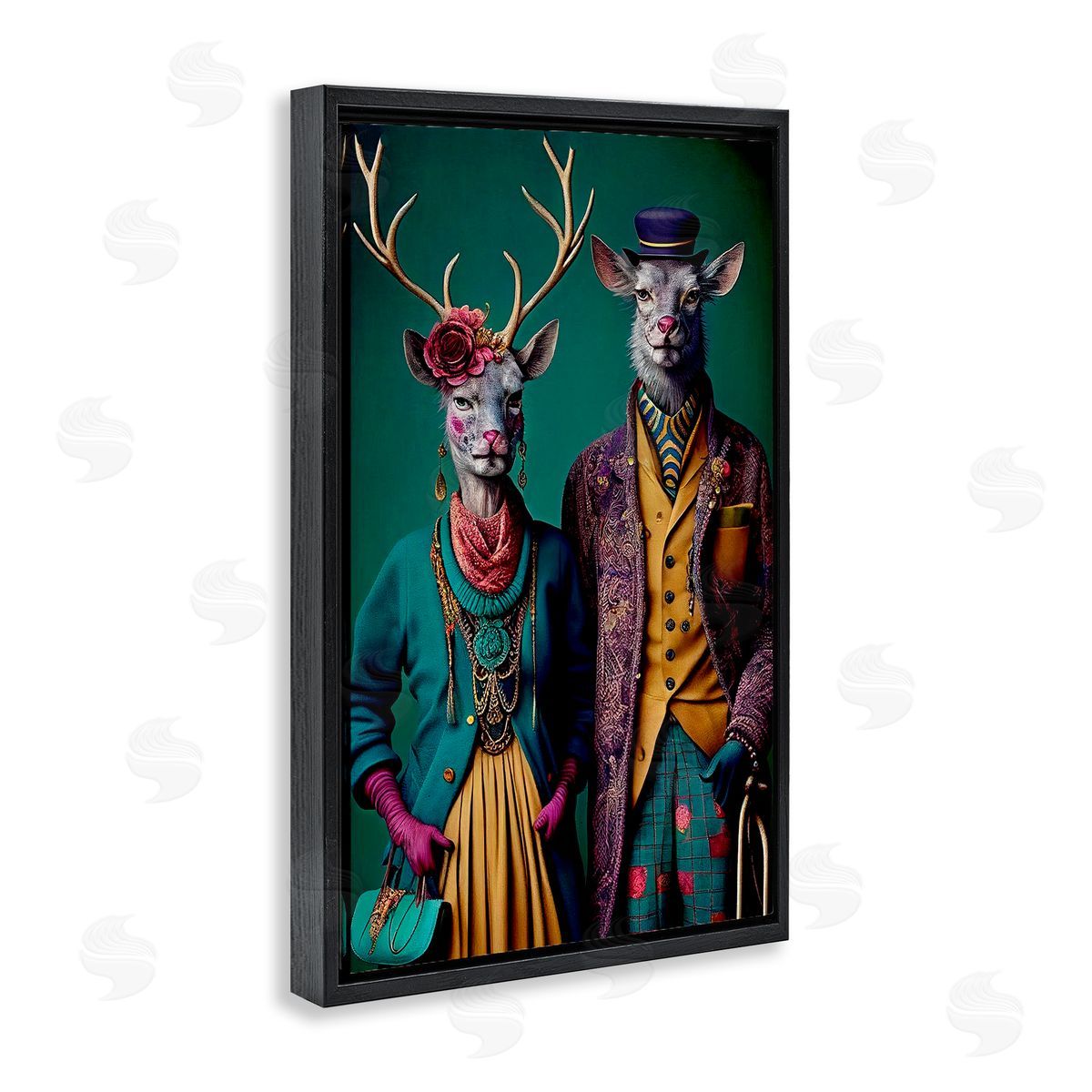 Deer in Historic Clothes Black Floating Frame Canvas Wall Art, Home Decor by Sasha