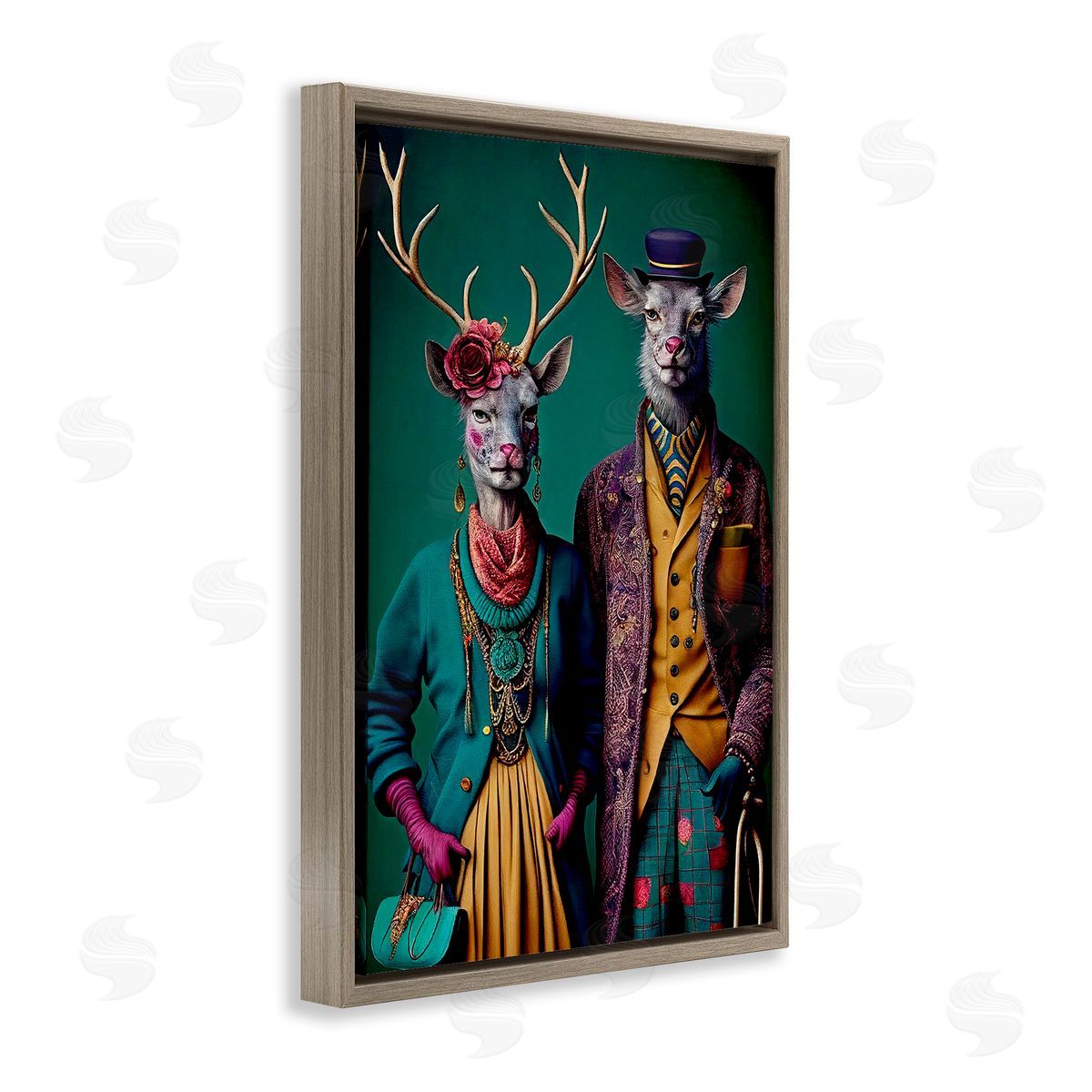 Deer in Historic Clothes Brown Floating Frame Canvas Wall Art, Home Decor by Sasha