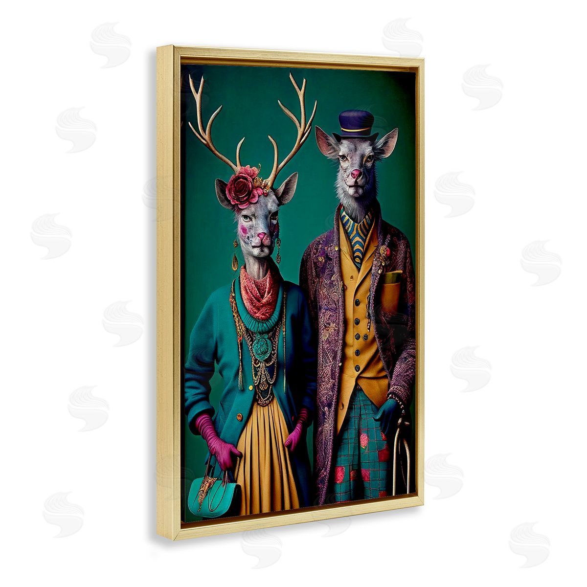 Deer in Historic Clothes Gold Floating Frame Canvas Wall Art, Home Decor by Sasha