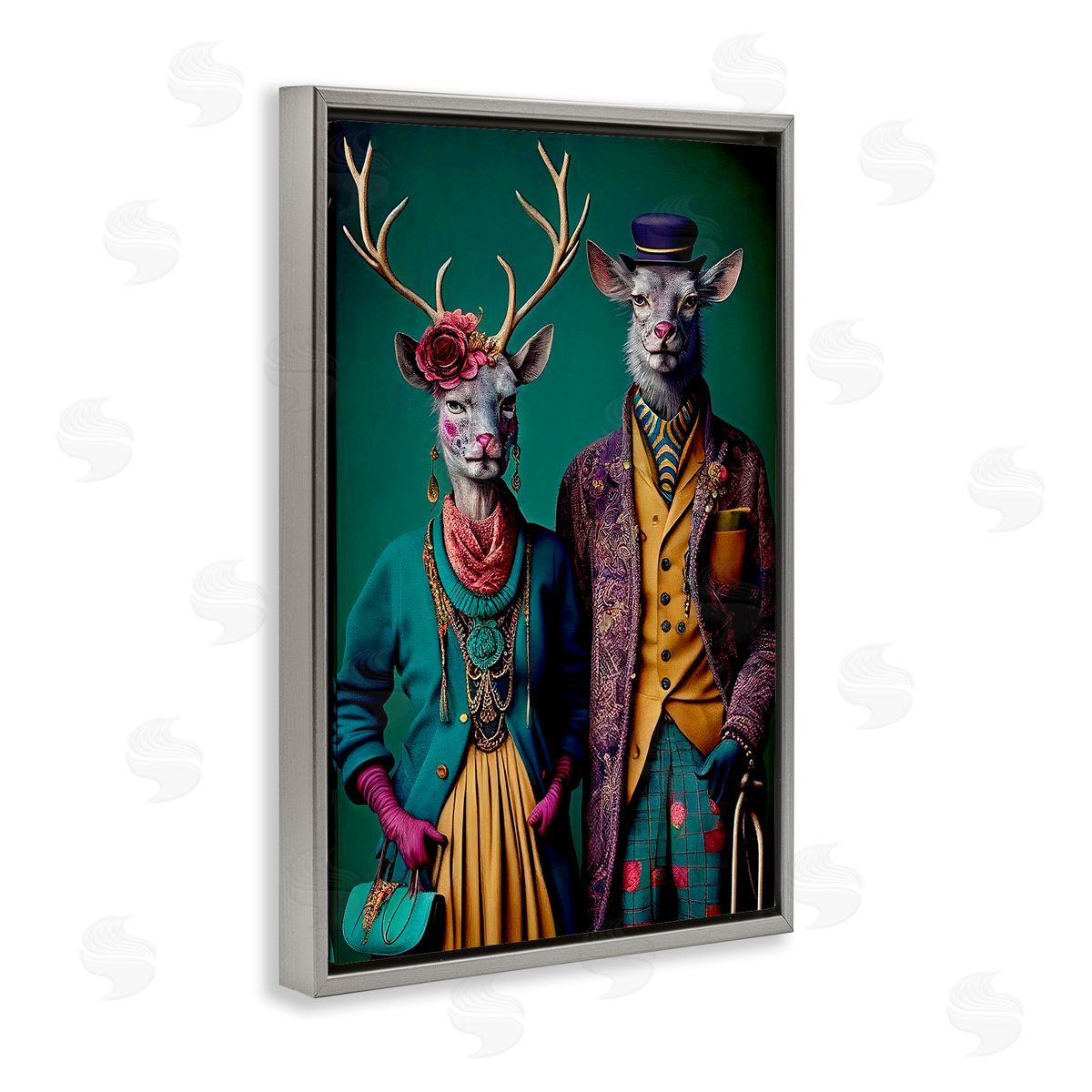 Deer in Historic Clothes Grey Floating Frame Canvas Wall Art, Home Decor by Sasha