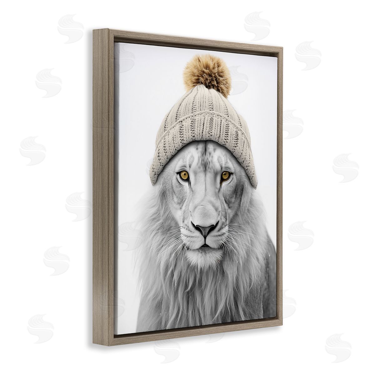 Lion in Winter Hat Brown Floating Frame Canvas Wall Art, Home Decor by Sasha