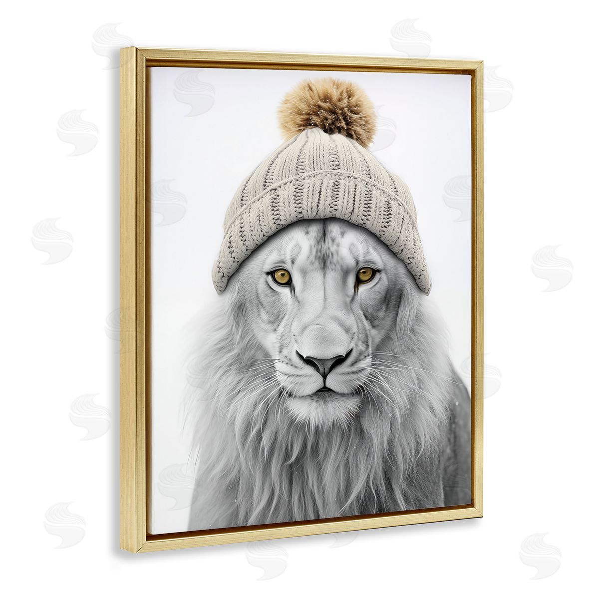 Lion in Winter Hat Gold Floating Frame Canvas Wall Art, Home Decor by Sasha