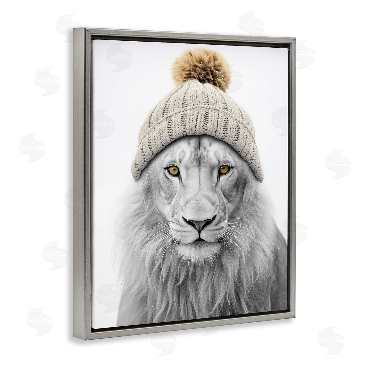 Lion in Winter Hat Grey Floating Frame Canvas Wall Art, Home Decor by Sasha