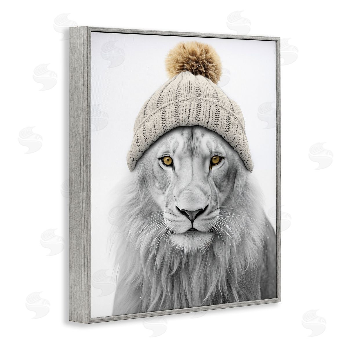 Lion in Winter Hat Grey Frame Print Wall Art, Home Decor by Sasha