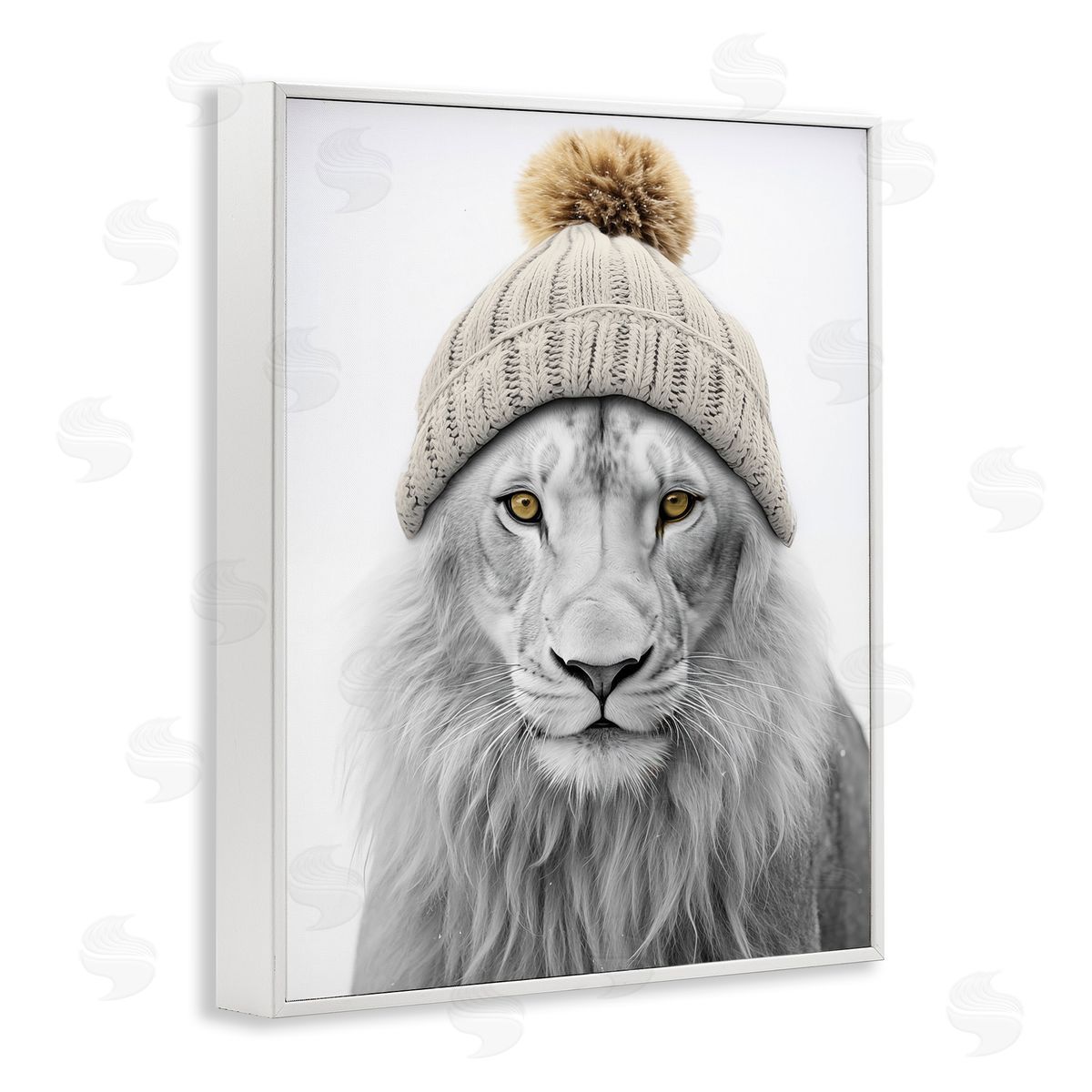 Lion in Winter Hat White Frame Print Wall Art, Home Decor by Sasha