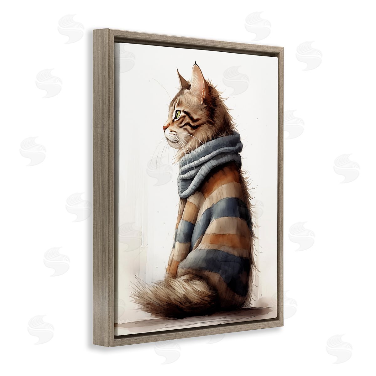 Cat in Striped Sweater Brown Floating Frame Canvas Wall Art, Home Decor by Sasha