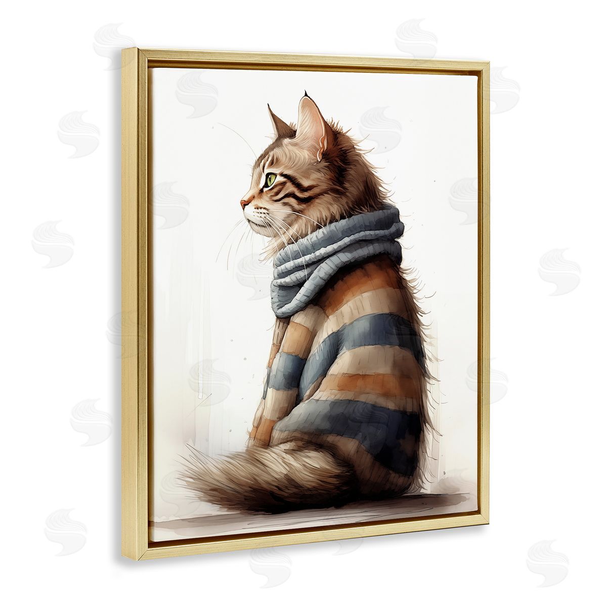 Cat in Striped Sweater Gold Floating Frame Canvas Wall Art, Home Decor by Sasha