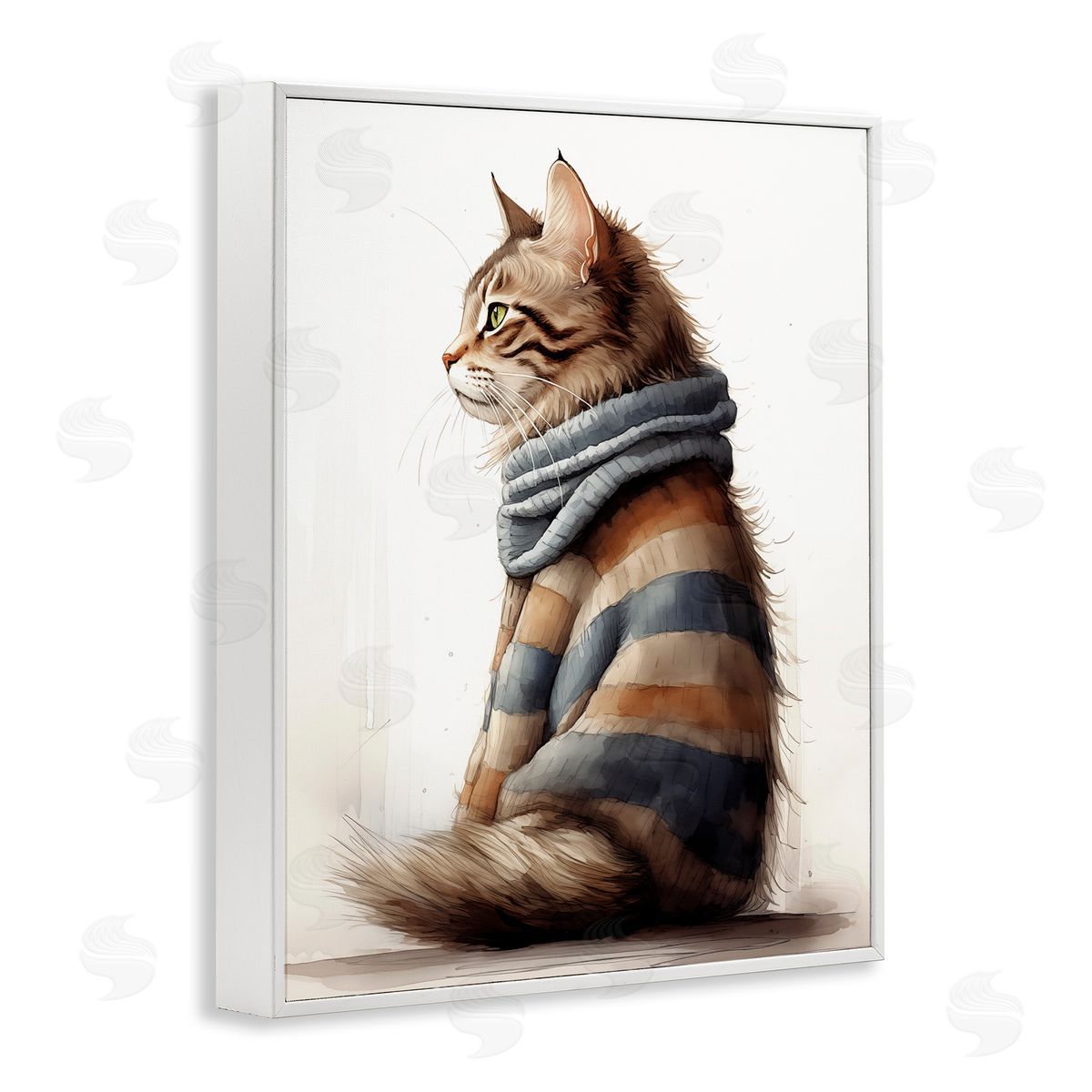 Cat in Striped Sweater White Frame Print Wall Art, Home Decor by Sasha