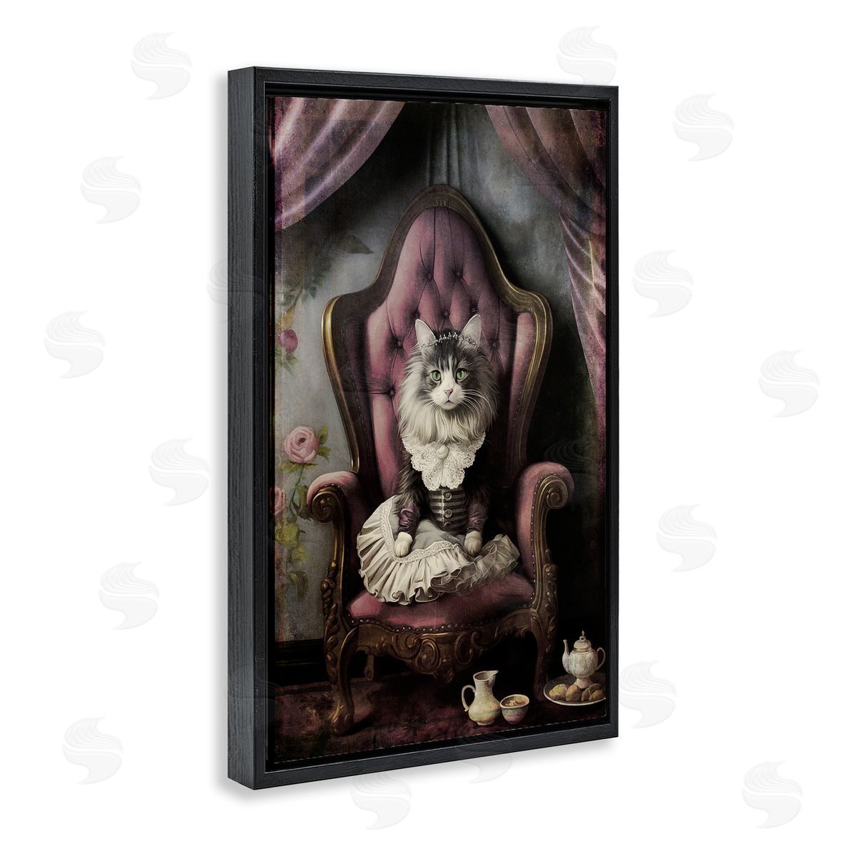 Royal Cat and Tea Black Floating Frame Canvas Wall Art, Home Decor by Sasha