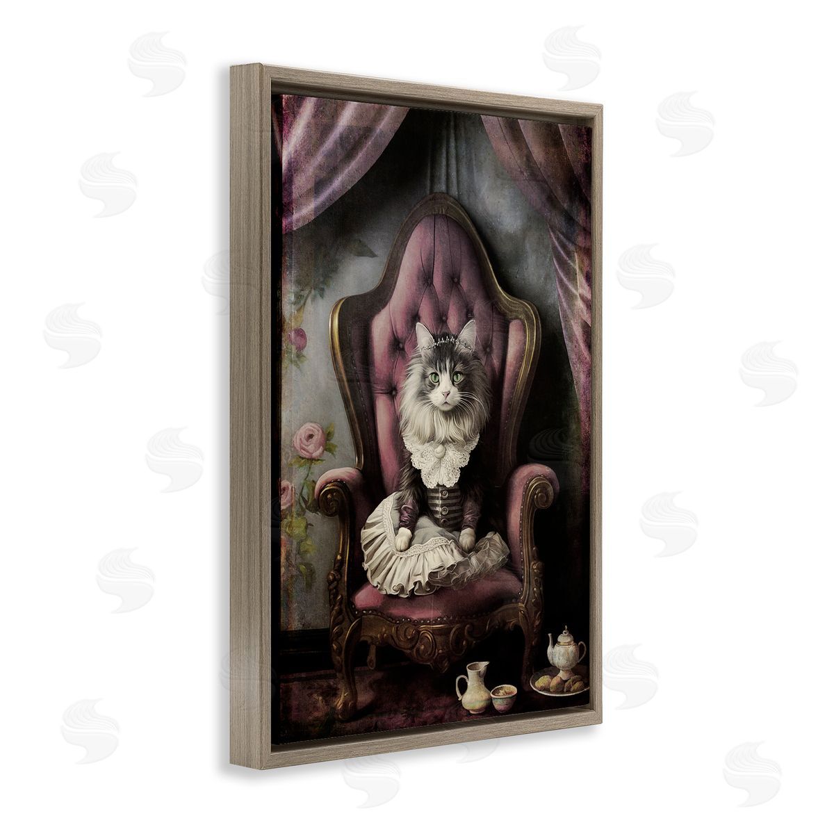 Royal Cat and Tea Brown Floating Frame Canvas Wall Art, Home Decor by Sasha