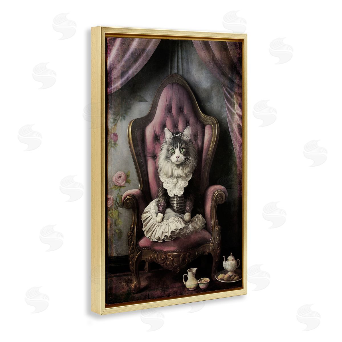 Royal Cat and Tea Gold Floating Frame Canvas Wall Art, Home Decor by Sasha