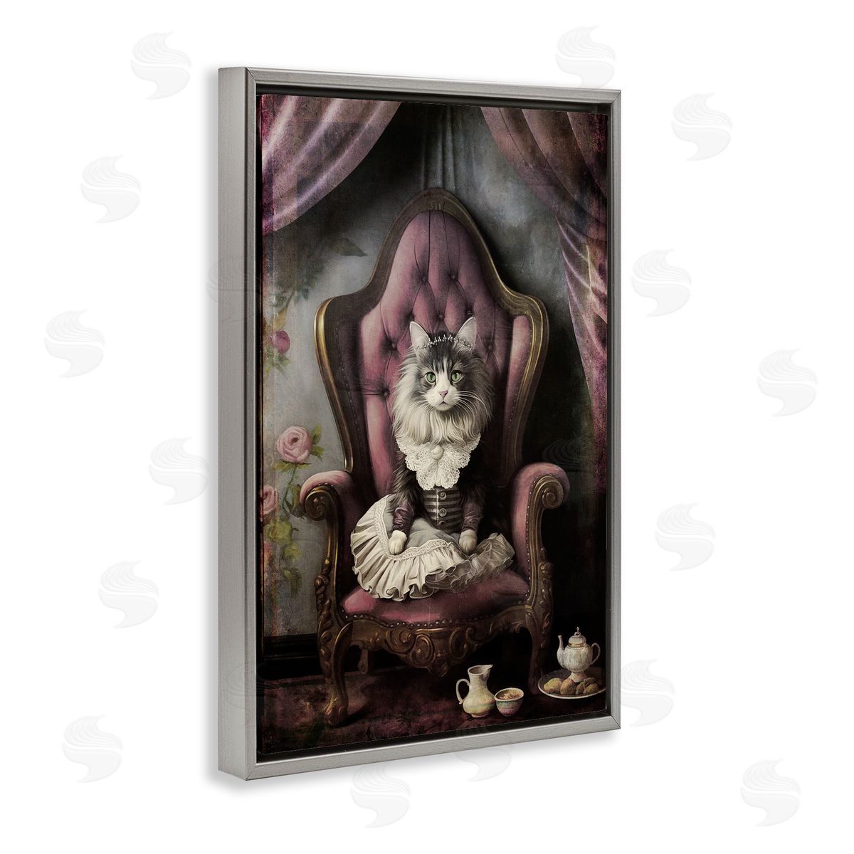 Royal Cat and Tea Grey Floating Frame Canvas Wall Art, Home Decor by Sasha