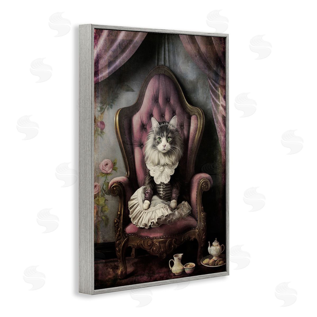 Royal Cat and Tea Grey Frame Print Wall Art, Home Decor by Sasha
